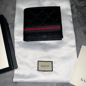Authentic Mens GG Web Stripe Black Leather Wallet (NWT)